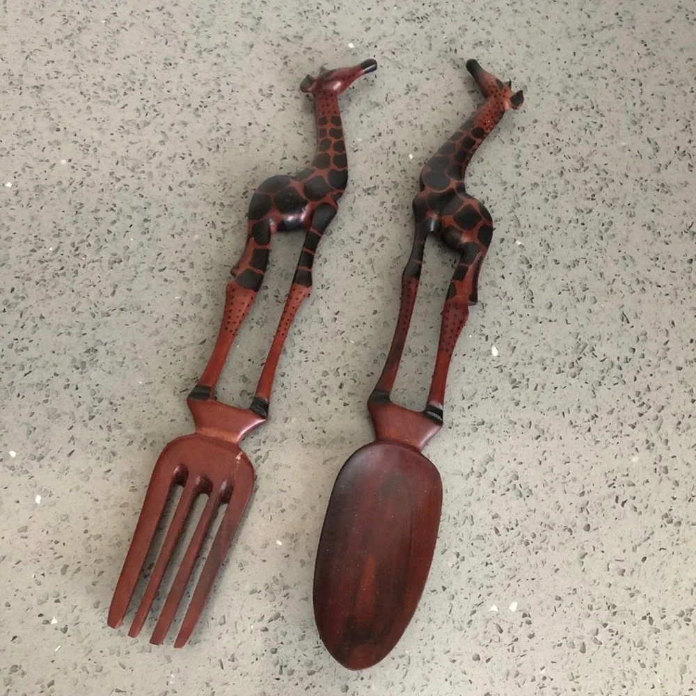 Hand Carved Wood Giraffe Fork and Spoon Serving Set 13 Inch Safari Kitchen Decor